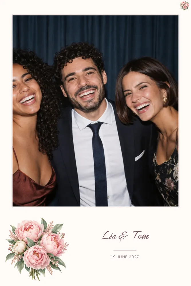 Preview of the Blush Peonies template in 10×15 portrait, with an example photo