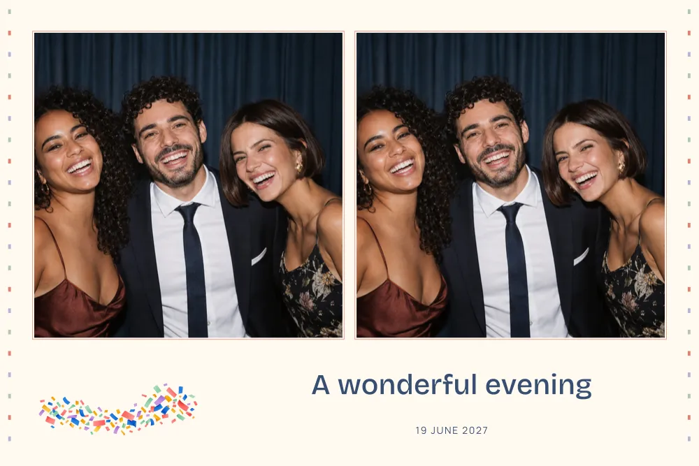 Preview of the Confetti photo booth template in 6×4 landscape print