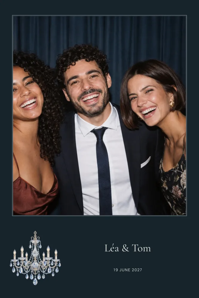 Preview of the Crystal Chandelier template in 10×15 portrait, with an example photo