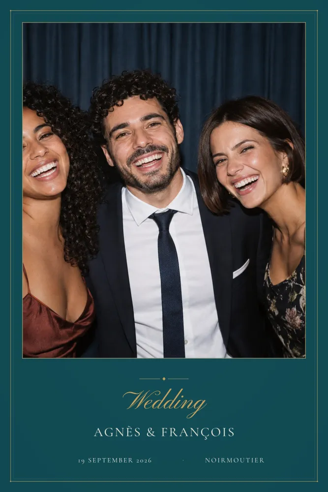 Preview of the Deep Teal & Gold template in 10×15 portrait, with an example photo