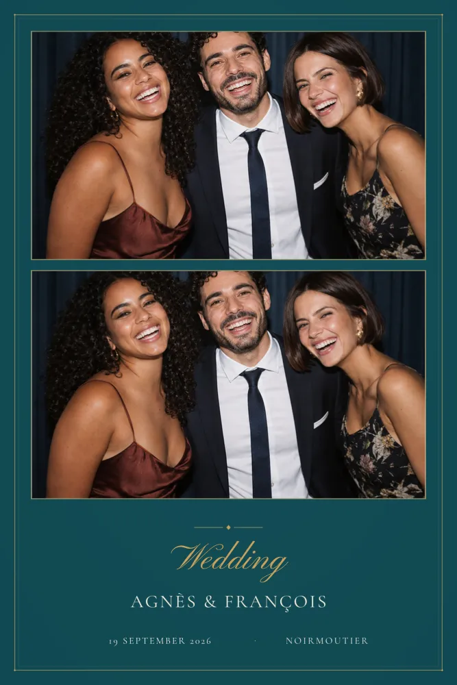 Preview of the Deep Teal & Gold photo booth template in 4×6 portrait print