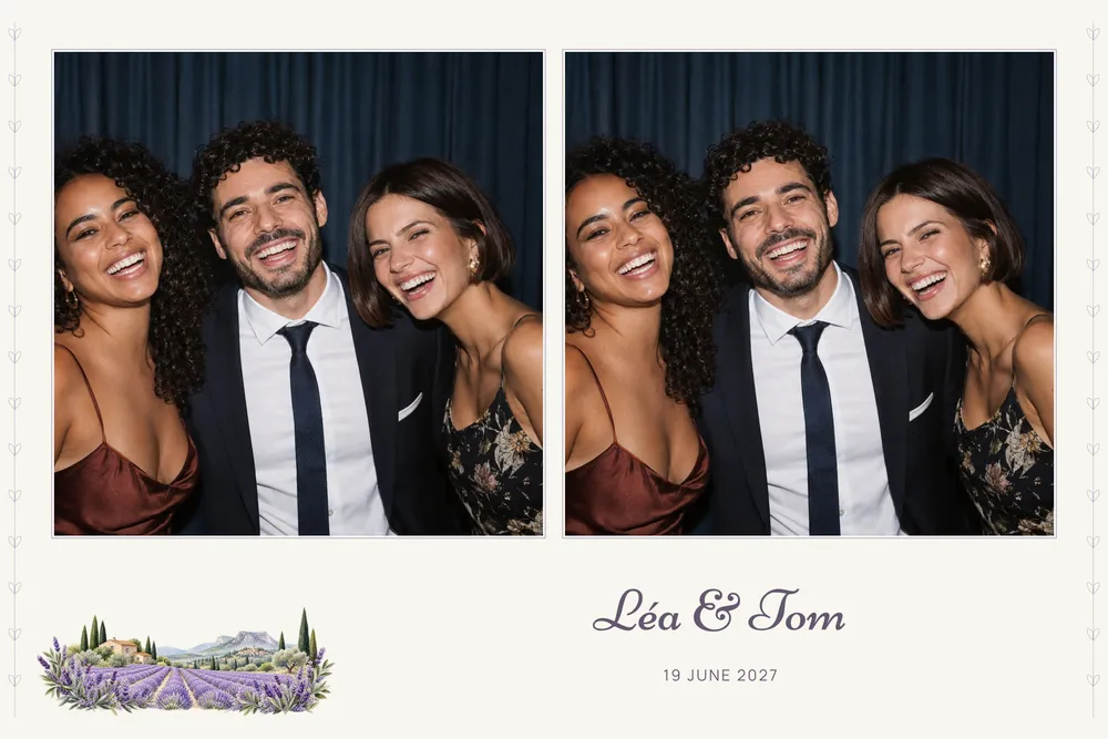 Preview of the Lavender Field template in 10×15 landscape, with an example photo