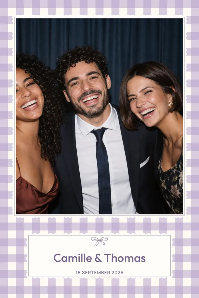 Preview of the Lilac Gingham template in 10×15 portrait, with an example photo
