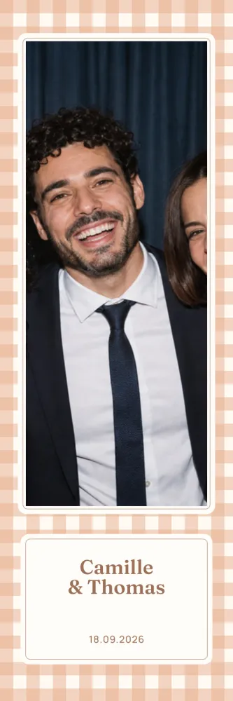 Preview of the Peach Gingham template in 5×15 strip, with an example photo