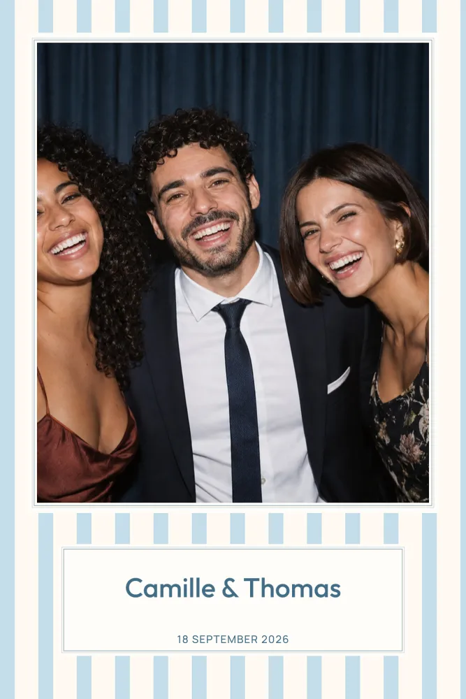 Preview of the Riviera Blue Stripes template in 10×15 portrait, with an example photo