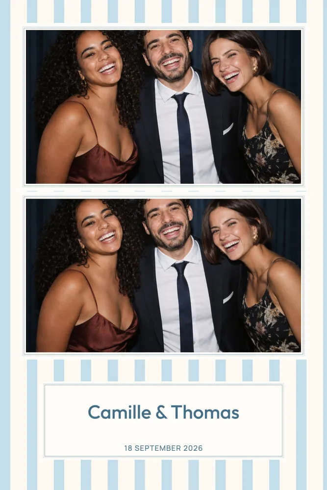 Preview of the Riviera Blue Stripes photo booth template in 4×6 portrait print