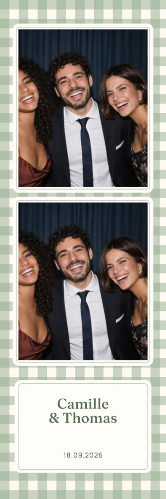 Preview of the Sage Gingham template in 5×15 strip, with an example photo