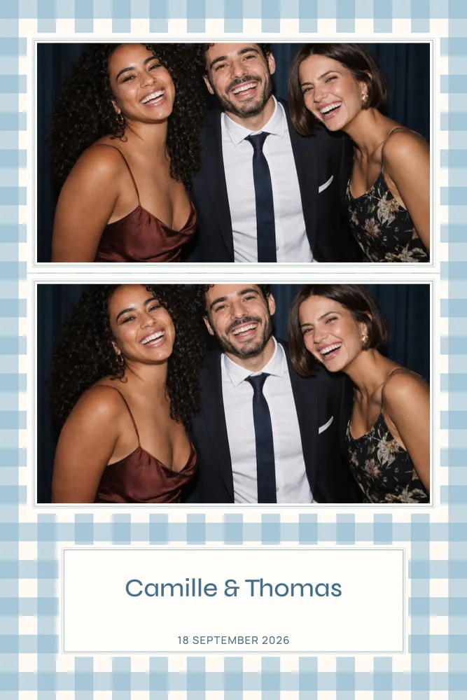 Preview of the Sky Blue Gingham template in 10×15 portrait, with an example photo