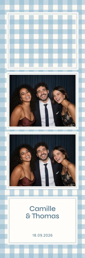 Preview of the Sky Blue Gingham template in 5×15 strip, with an example photo