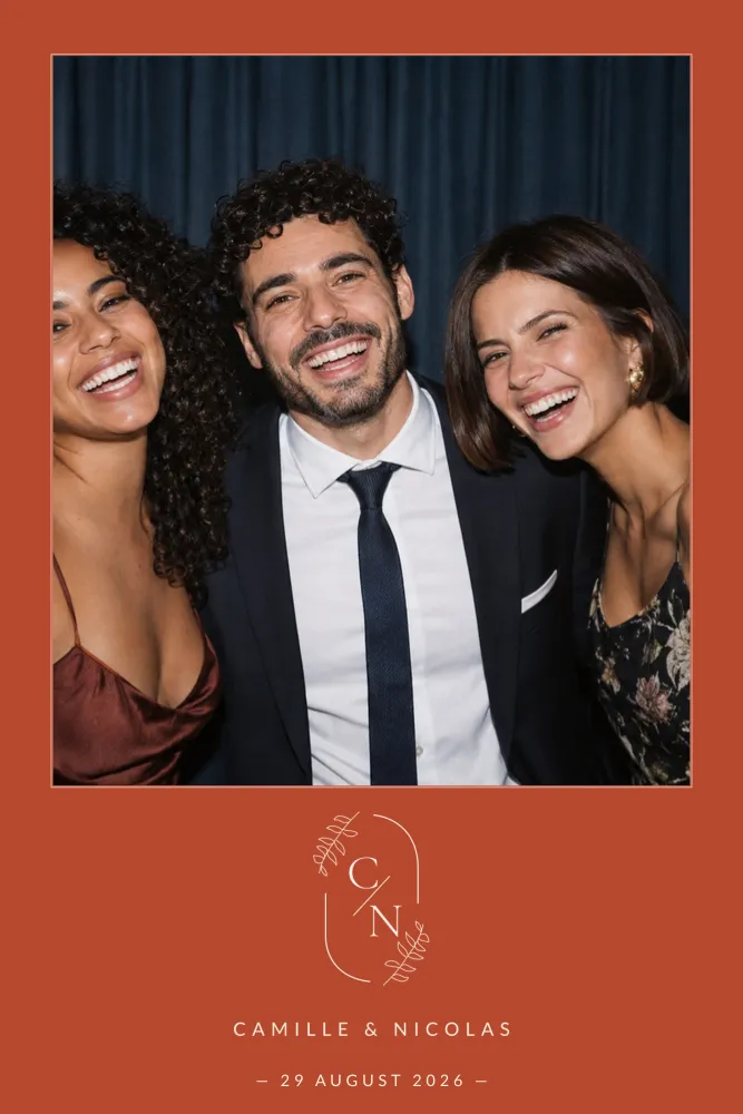 Preview of the Terracotta Monogram template in 10×15 portrait, with an example photo