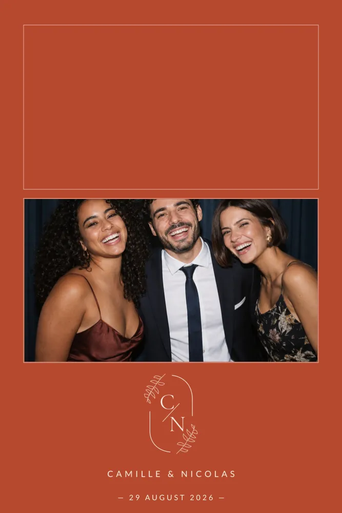Preview of the Terracotta Monogram template in 10×15 portrait, with an example photo