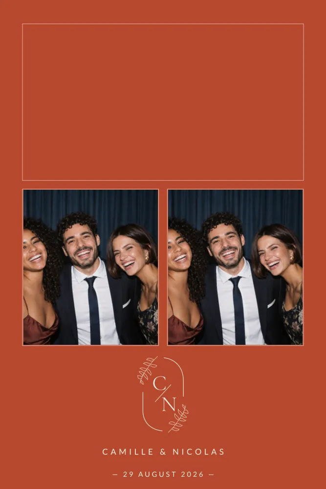 Preview of the Terracotta Monogram template in 10×15 portrait, with an example photo
