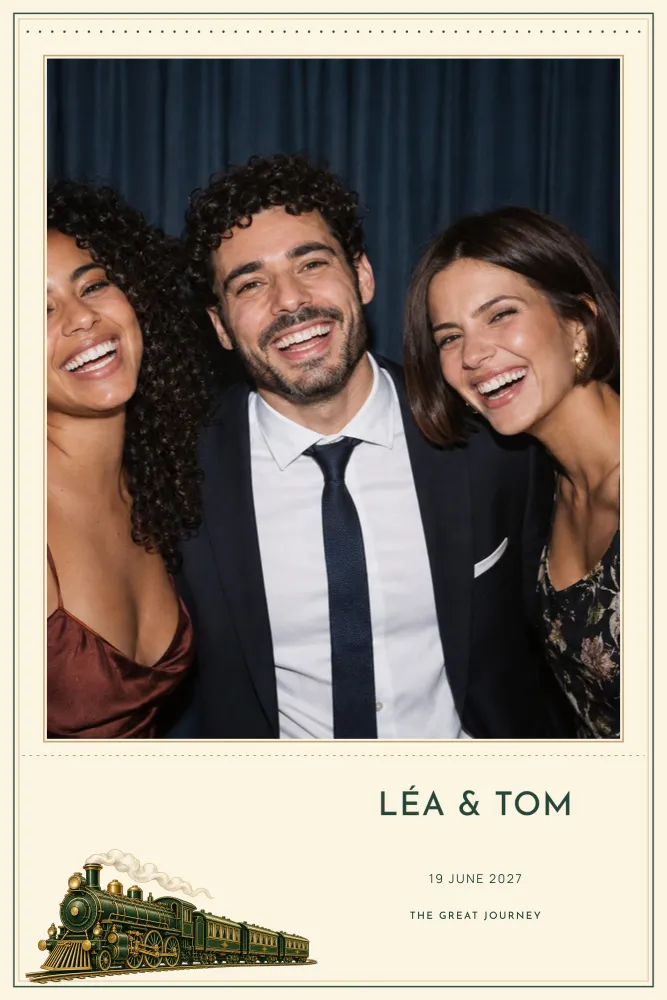 Preview of the Train Journey template in 10×15 portrait, with an example photo