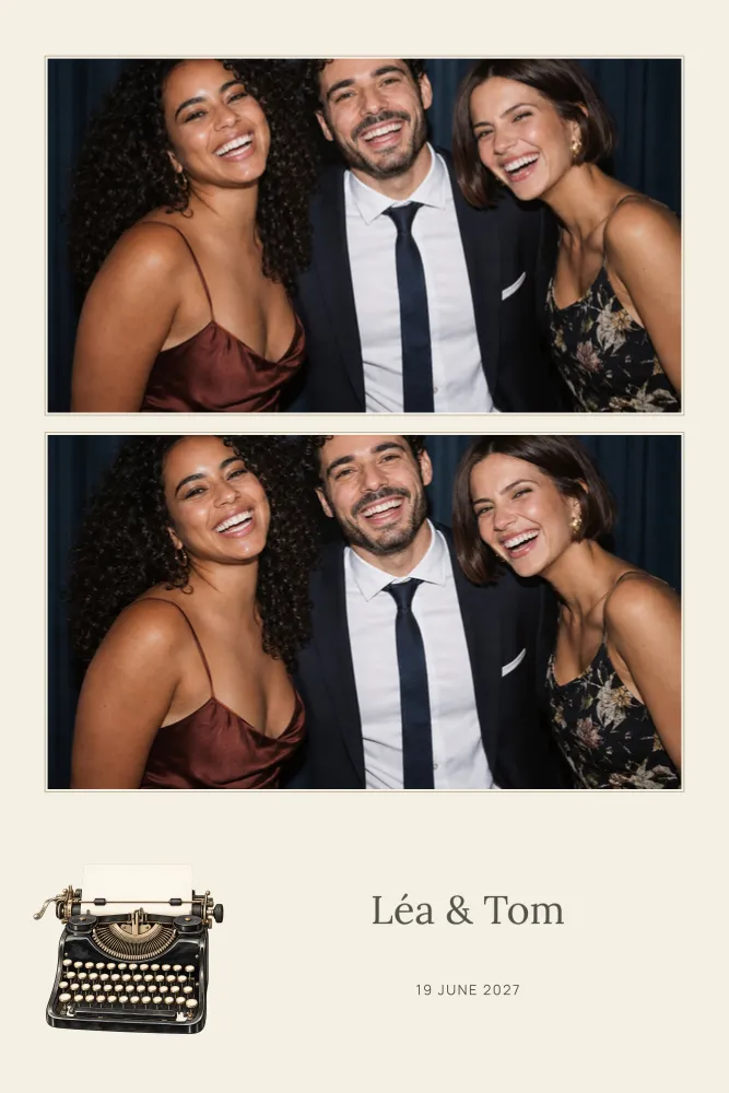 Preview of the Typewriter template in 10×15 portrait, with an example photo