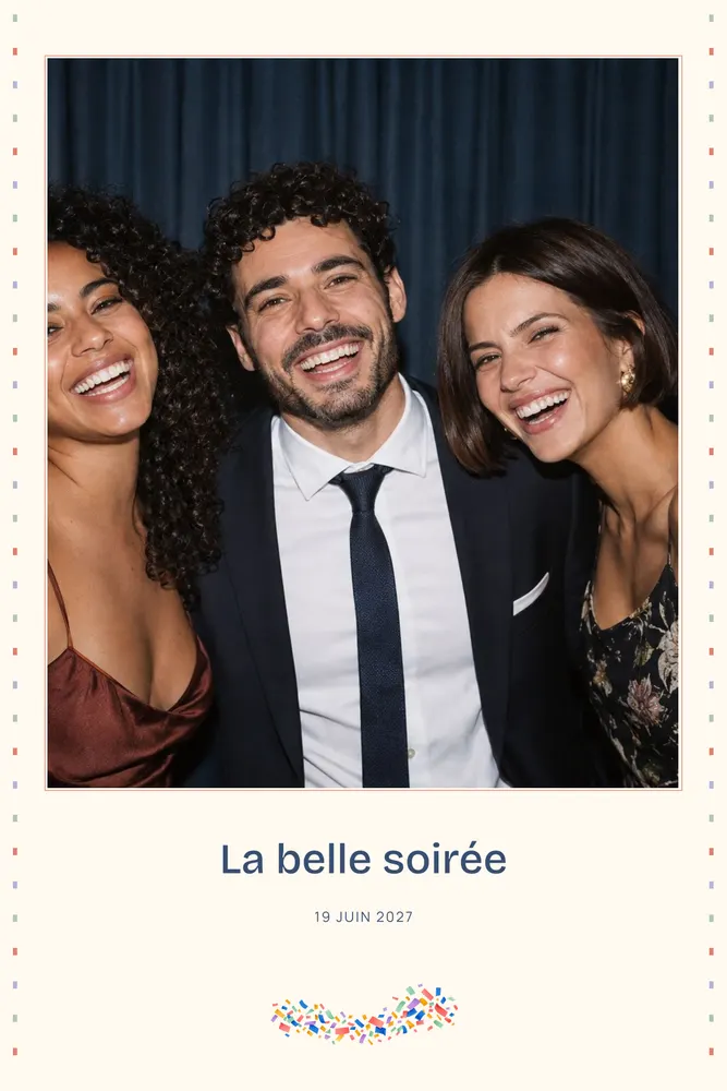 Aperçu du modèle Confettis en 10×15 portrait, avec une photo d’exemple