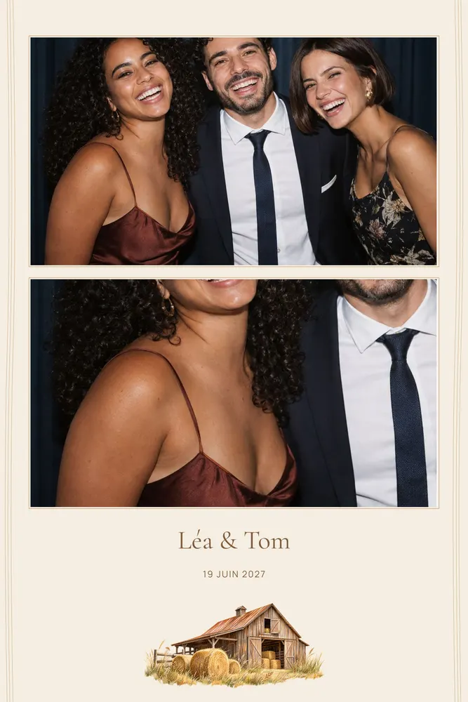 Aperçu du modèle Grange & Foin en 10×15 portrait, avec une photo d’exemple