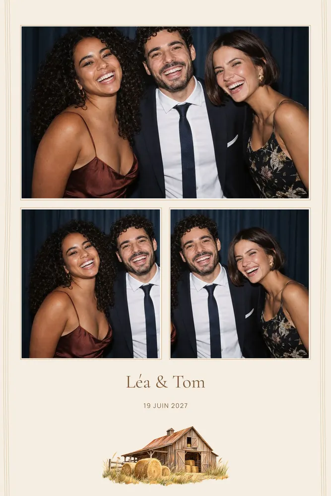 Aperçu du modèle Grange & Foin en 10×15 portrait, avec une photo d’exemple