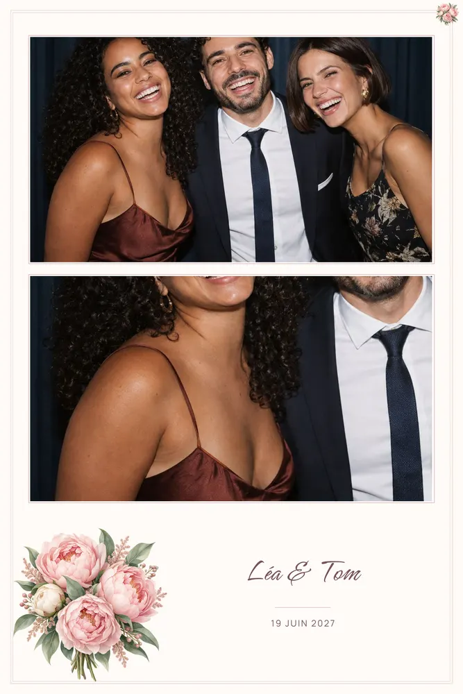 Aperçu du modèle Pivoines Poudrées en 10×15 portrait, avec une photo d’exemple