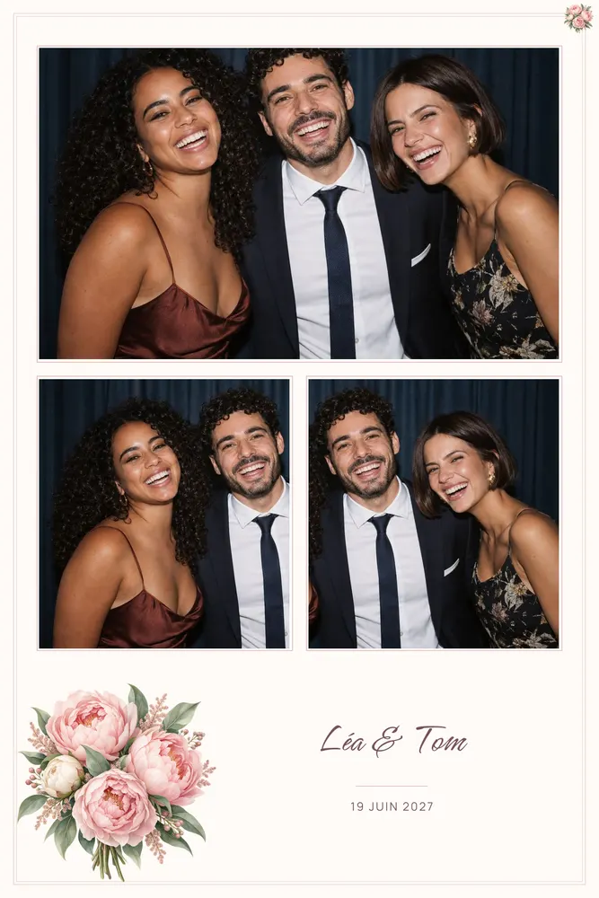 Aperçu du modèle Pivoines Poudrées en 10×15 portrait, avec une photo d’exemple