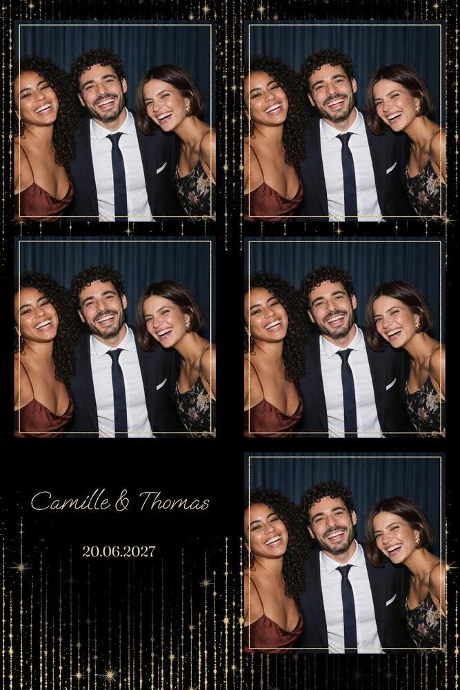 Preview of the Golden Sparkles template in 10×15 portrait, with an example photo