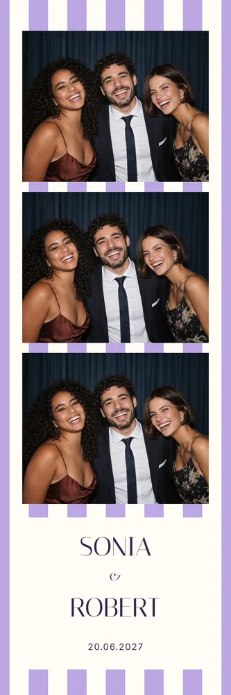 Aperçu du modèle Rayures Lilas Studio en bandelette 5×15, avec une photo d’exemple